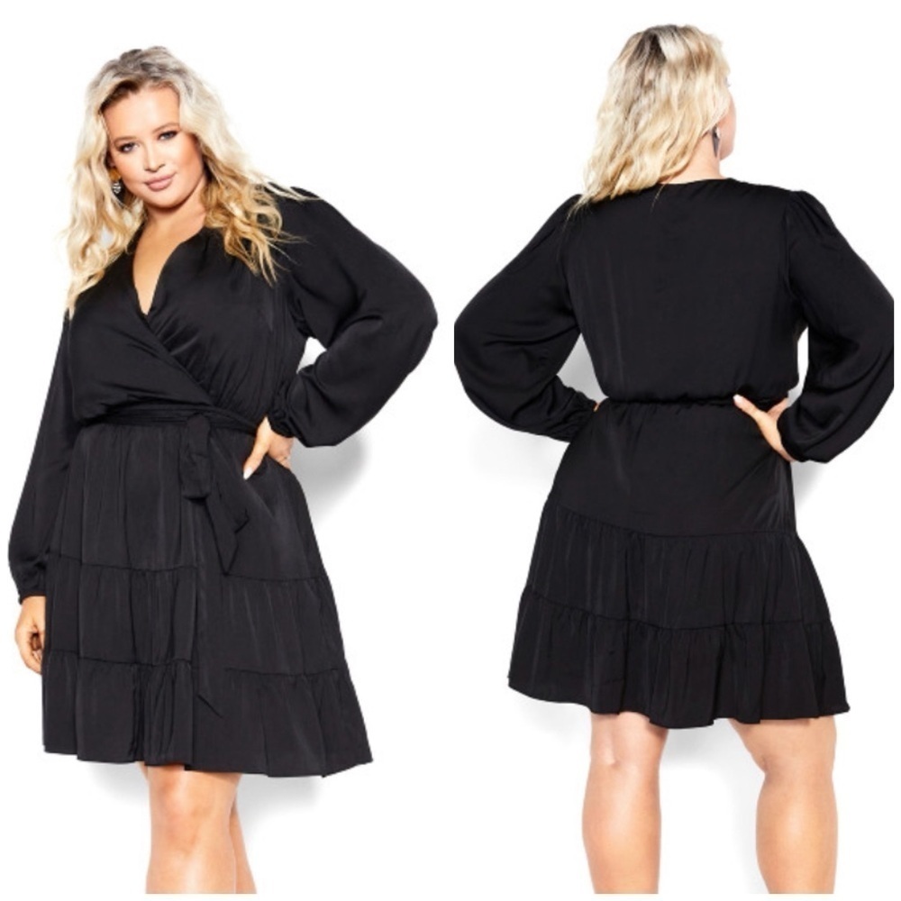 City Chic Pretty Tier V-Neckline Mini Dress in Black